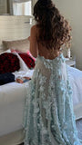 Niulatu Blue Halter Neck Sheath Tulle Long Prom Dresses Backless Evening Gowns with Appliques HZ1031