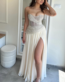 Niulatu Apricot Strapless Sheath Chiffon Long Prom Dresses Formal Evening Dresses with Slits HZ1031