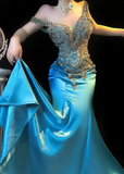Niulatu Blue Off Shoulder Mermaid Beaded Satin Long Prom Dresses Formal Evening Gowns HZ1031