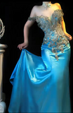 Niulatu Blue Off Shoulder Mermaid Beaded Satin Long Prom Dresses Formal Evening Gowns HZ1031