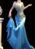Niulatu Blue Off Shoulder Mermaid Beaded Satin Long Prom Dresses Formal Evening Gowns HZ1031
