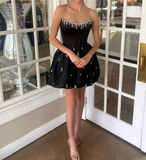 Niulatu Black Strapless A-Line Satin Beaded Prom Dresses Formal Evening Gowns HZ1031