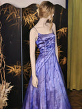 Niulatu Spaghetti Straps Purple Satin Long Prom Dresses Vintage Evening Dresses with Beading HZ1031