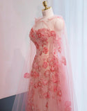 Niulatu Neck Sheath Tulle Applique Long Prom Dresses Sweet Pink Birthday Dresses HZ1031