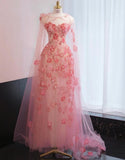 Niulatu Neck Sheath Tulle Applique Long Prom Dresses Sweet Pink Birthday Dresses HZ1031