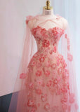 Niulatu Neck Sheath Tulle Applique Long Prom Dresses Sweet Pink Birthday Dresses HZ1031