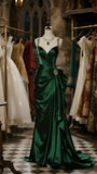 Niulatu Green Sheath V Neck Elegant Satin Long Prom Dresses Formal Evening Dresses HZ1031