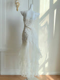 Niulatu White Spaghetti Strap Sheath Chiffon Prom Dresses Birthday Outfit with Appliques HZ1031