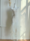 Niulatu White Spaghetti Strap Sheath Chiffon Prom Dresses Birthday Outfit with Appliques HZ1031