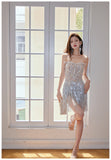 Niulatu Sheath Strapless Beaded Short Evening Dress Glitter Homecoming Dress With Tassels HZ1031
