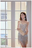 Niulatu Sheath Strapless Beaded Short Evening Dress Glitter Homecoming Dress With Tassels HZ1031