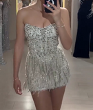 Niulatu Sheath Strapless Beaded Short Evening Gowns with Tassle Fashion Homecoming Dress HZ1031