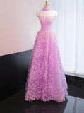 Niulatu Lilac A-Line Tulle Strapless Long Prom Dresses Quinceanera Dresses with Appliques HZ1031