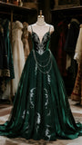 Niulatu Dark Green V-Neck A-Line Satin Long Prom Dresses Graduation Prom Outfits HZ1031
