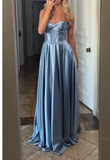 Niulatu Gray Blue Sheath Strapless Satin Long Prom Dresses Fashion Birthday Party Outfits HZ1031
