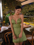 Niulatu Green Spaghetti Strap Satin Short Birthday Dress Chic Outdoor Party Dress HZ1031
