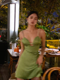 Niulatu Green Spaghetti Strap Satin Short Birthday Dress Chic Outdoor Party Dress HZ1031
