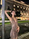 Niulatu Halter Sheath Sequin Short Evening Gowns, Champagne Gorgeous Homecoming Dress HZ1031
