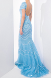 Niulatu Blue Sheath Beaded Long Evening Gowns, V-Neck Prom Dresses HZ1031