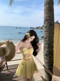 Niulatu Yellow A-Line Tulle Strapless Beach Holiday Short Dress HZ1031