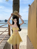 Niulatu Yellow A-Line Tulle Strapless Beach Holiday Short Dress HZ1031