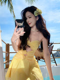Niulatu Yellow A-Line Tulle Strapless Beach Holiday Short Dress HZ1031
