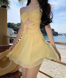 Niulatu Yellow A-Line Tulle Strapless Beach Holiday Short Dress HZ1031