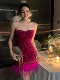 Niulatu Strapless Bodycon Sequin Short Evening Gown, Sparkling Rose Red Homecoming Dress HZ1031