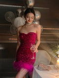 Niulatu Strapless Bodycon Sequin Short Evening Gown, Sparkling Rose Red Homecoming Dress HZ1031