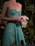 Niulatu Blue A-Line Spaghetti Strap Long Prom Dresses, Rhinestones Sweet 16 Dress HZ1031