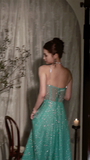 Niulatu Blue A-Line Spaghetti Strap Long Prom Dresses, Rhinestones Sweet 16 Dress HZ1031