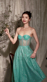 Niulatu Blue A-Line Spaghetti Strap Long Prom Dresses, Rhinestones Sweet 16 Dress HZ1031