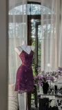 Niulatu Grape Purple Sheath Spaghetti Strap Chiffon Short Prom Dresses with Beading HZ1031