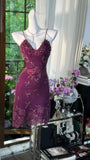 Niulatu Grape Purple Sheath Spaghetti Strap Chiffon Short Prom Dresses with Beading HZ1031