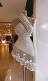 Niulatu White Asymmetric Neckline Bodycon Lace Beading Short Evening Dress Sexy Homecoming Dress With Tassels HZ1031