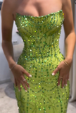 Niulatu Green Sheath Strapless Satin Long Prom Dresses, Rhinestone Formal Evening Dresses HZ1031