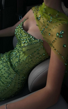 Niulatu Green Sheath Strapless Satin Long Prom Dresses, Rhinestone Formal Evening Dresses HZ1031