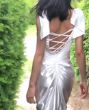 Niulatu White Sheath Sweetheart Satin Prom Dresses, Elegant Formal Evening Dresses HZ1031