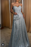 Niulatu Silver Spaghetti Strap A-Line Long Prom Dresses, Elegant Glitter Evening Gowns HZ1031