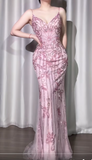 Niulatu Pink Spaghetti Strap Mermaid Tulle Beaded Long Prom Dresses,Formal Evening Gowns HZ1031