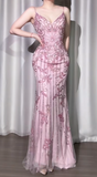 Niulatu Pink Spaghetti Strap Mermaid Tulle Beaded Long Prom Dresses,Formal Evening Gowns HZ1031