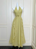 Niulatu Green Halter Neck A-Line Chiffon Ruffles Long Prom Dresses, Sweet 16 Dress HZ1031