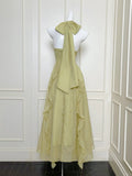 Niulatu Green Halter Neck A-Line Chiffon Ruffles Long Prom Dresses, Sweet 16 Dress HZ1031