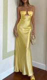 Niulatu Yellow Spaghetti Straps A-Line Satin Long Prom Dresses, Elegant Evening Gowns HZ1031