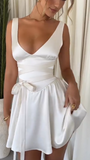 Niulatu V-neck A-Line Satin Short Party Dress Simple White Homecoming Dress HZ1031