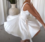 Niulatu V-neck A-Line Satin Short Party Dress Simple White Homecoming Dress HZ1031