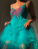 Niulatu Spaghetti Strap A-Line Tulle Beading Short Prom Dresses Sweet Homecoming Dress HZ1031