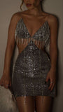 Niulatu Silver V-Neck Sheath Short Homecoming Dresses, Sparkling Party Dress with Rhinestone Tassels HZ1031