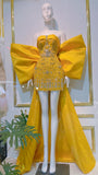 Niulatu Yellow Strapless Sheath Satin Rhinestone Short Prom Dresses, Fashion Homecoming Dress with Bow HZ1031