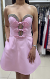 Niulatu Pink Strapless A-Line Satin Beaded Short Homecoming Dress, Sweet 16 Dress HZ1031
